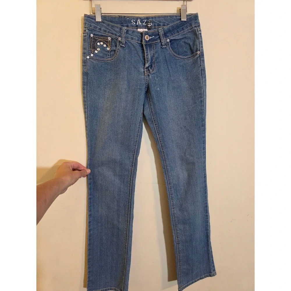 SAZA Jeans Company Medium Wash Rhinestone Pocket Straight Leg Denim Size 3 Y2K